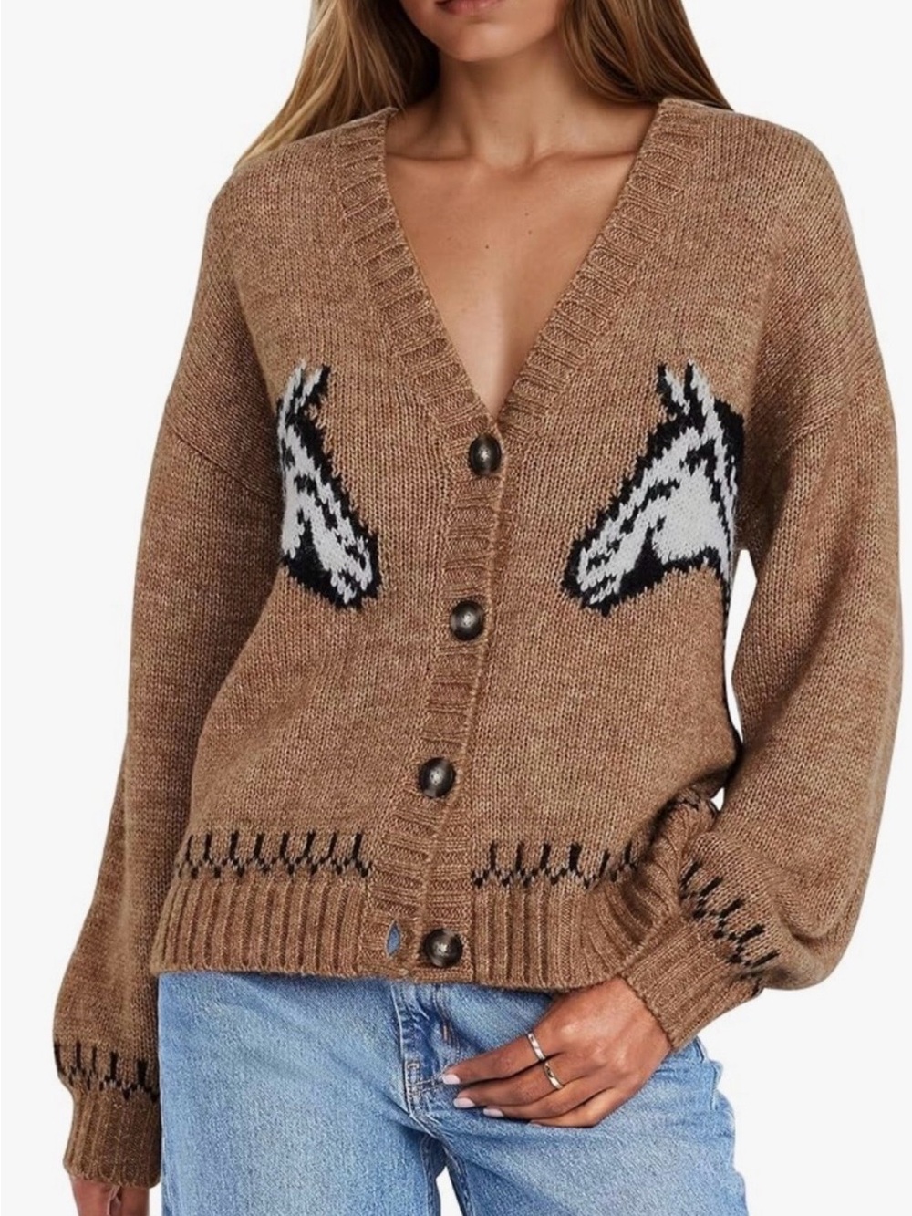 Old Navy Brown V-Neck Button Cardigan with horse NWT medium Tall